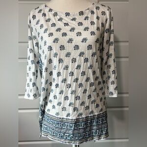 J Jill Floral Print Tunic Top, 3/4 Sleeve Casual Bohemian Style Blouse Petite MD